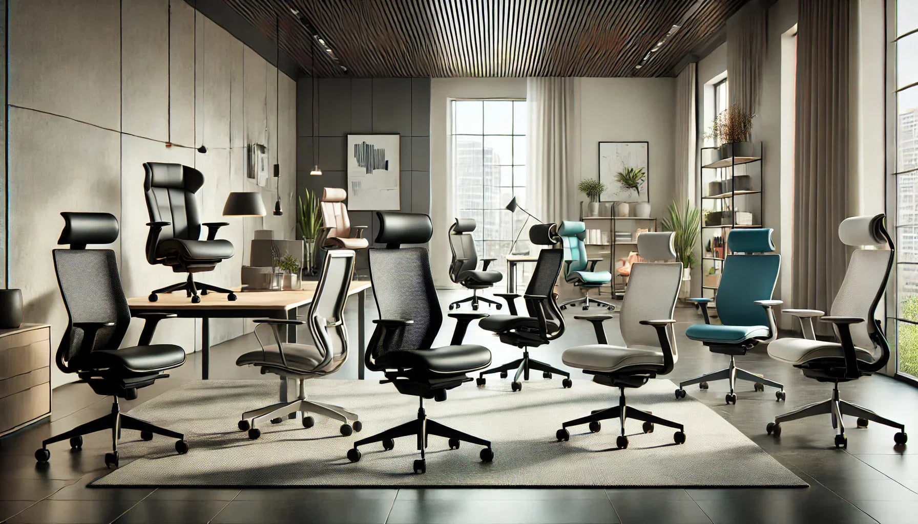 Collection of modern high-back office chairs with adjustable arms for Aila Ergo Therapy.