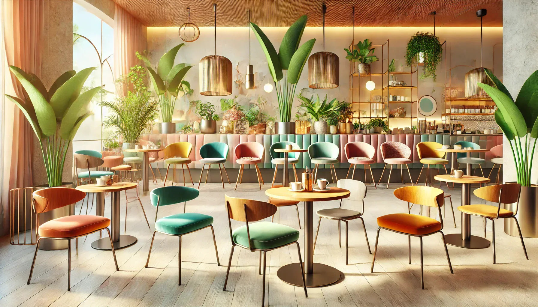 Modern restaurant dining area featuring stylish café chairs in black with colorful accents.