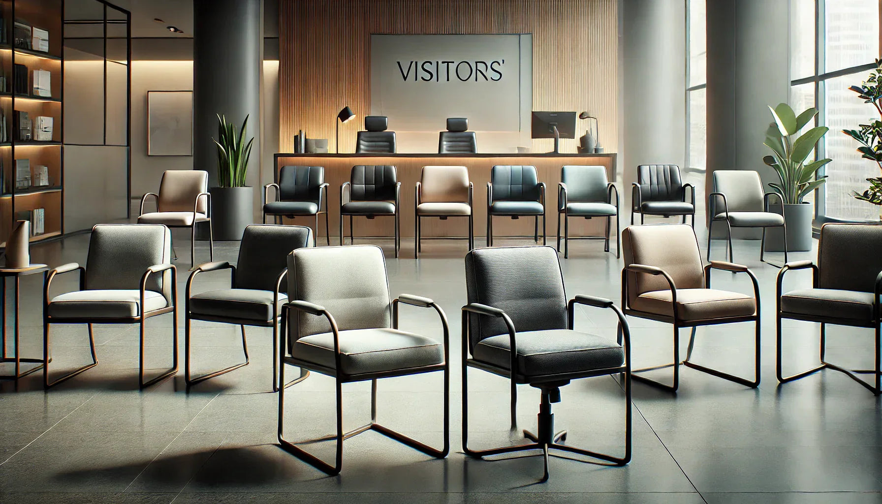 Elegant visitor office chairs with chrome sleigh base and black cushions in waiting room.