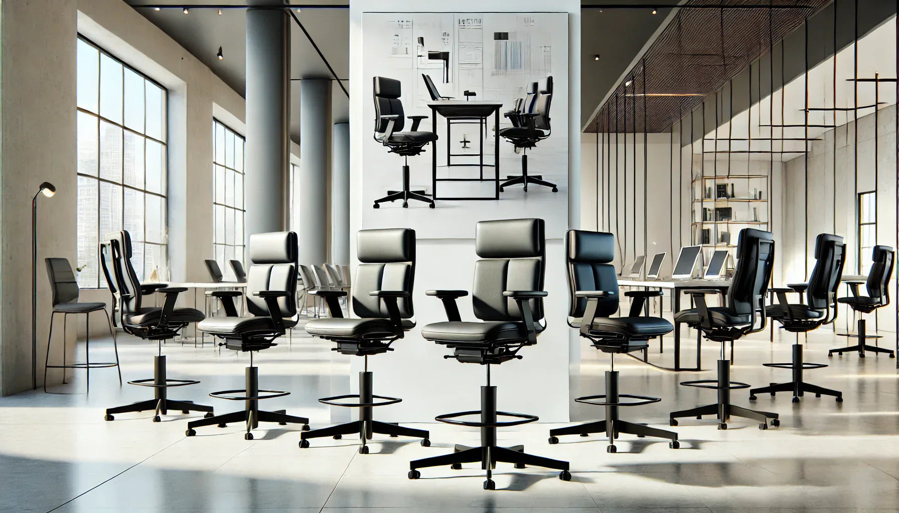 Modern ergonomic draughtsman office chairs with tilt mechanism in circular arrangement.