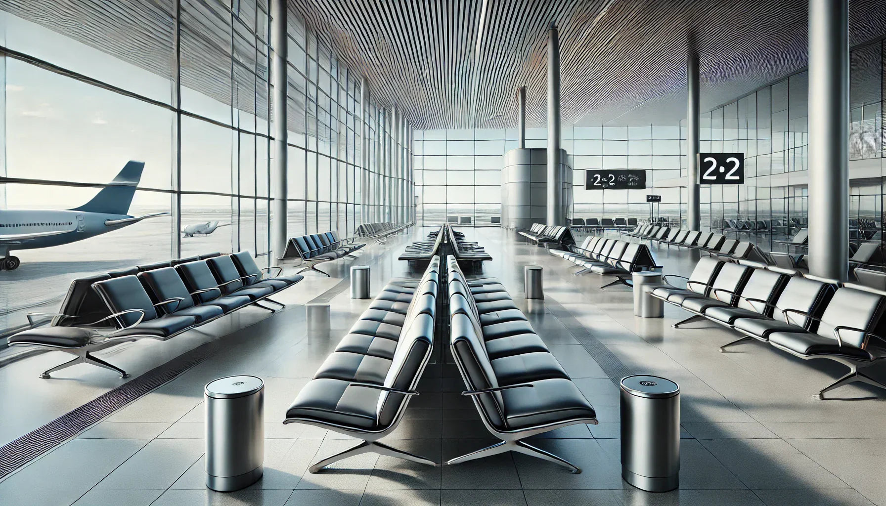 Rows of heavy duty standard polyurethane public seating in an airport terminal.