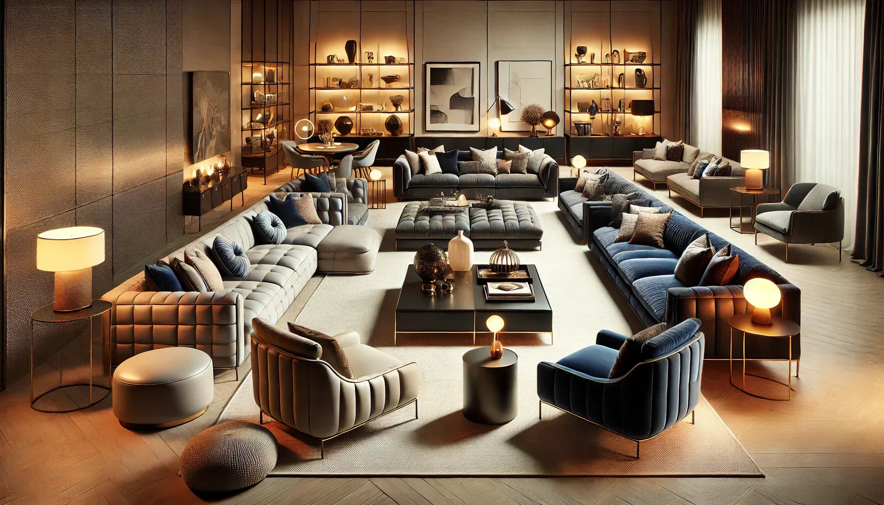 Luxurious sunken conversation pit with velvet seating in the Barcelona Von Der Rohe Lounge Suite Collection.