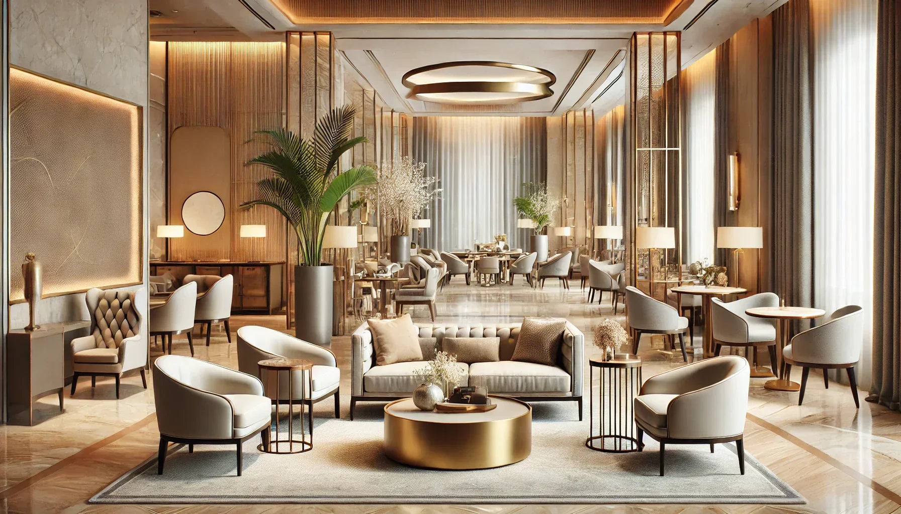 Luxurious hotel lobby lounge showcasing hospitality furniture collection and elegant café chairs.