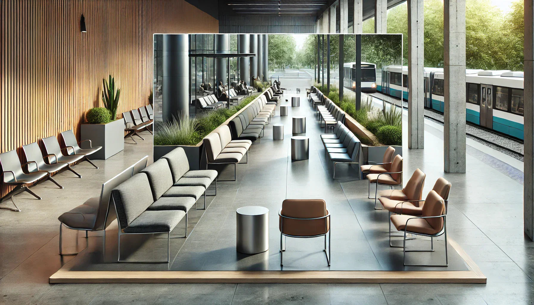 Modern waiting area showcasing polyurethane public seating and potted plants.