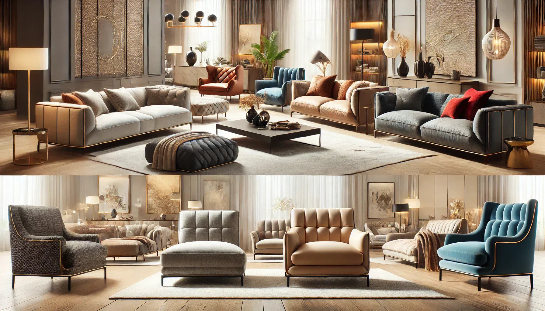 Luxurious modern lounge couch collection with neutral and accent colors in sleek design