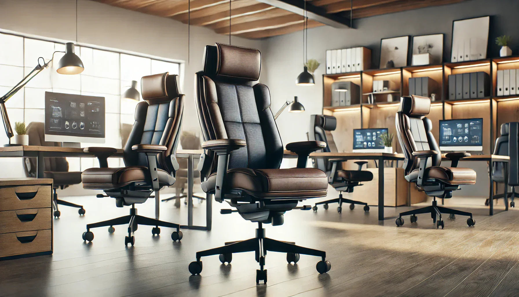 High-end operators office chairs with black leather and gas height adjustment features.