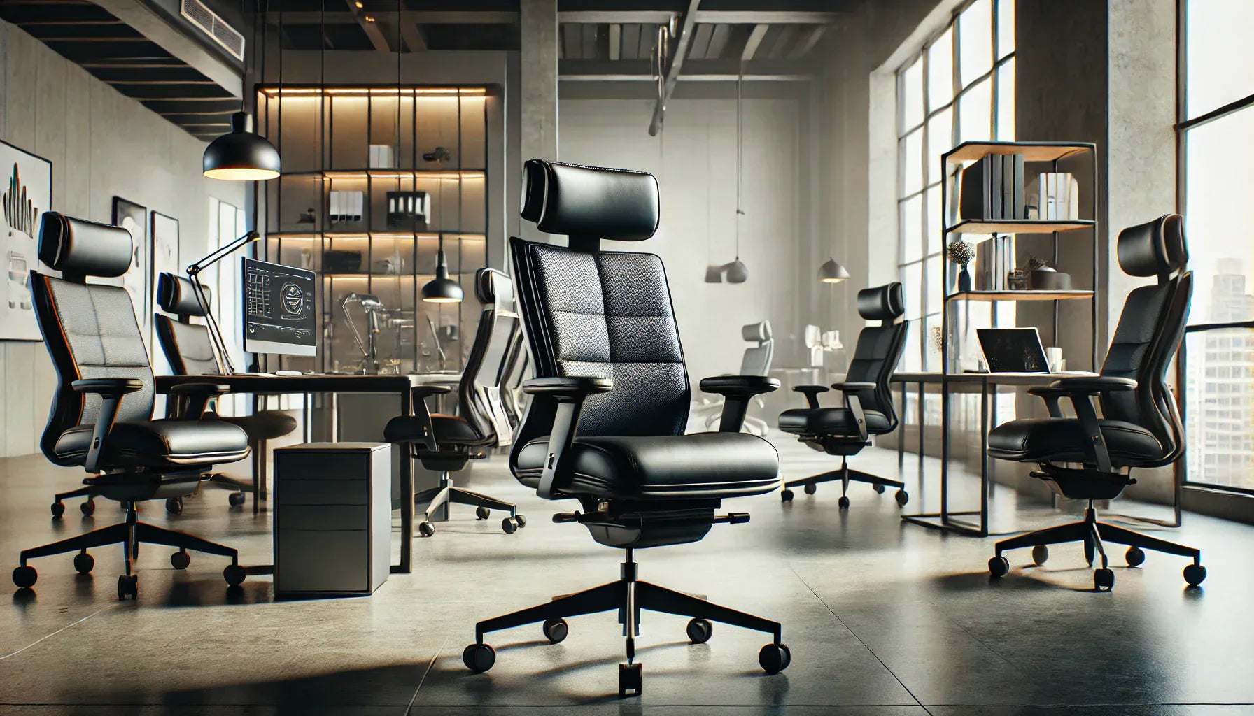 High-back office chair with black leather, adjustable arms, swivel & tilt features.