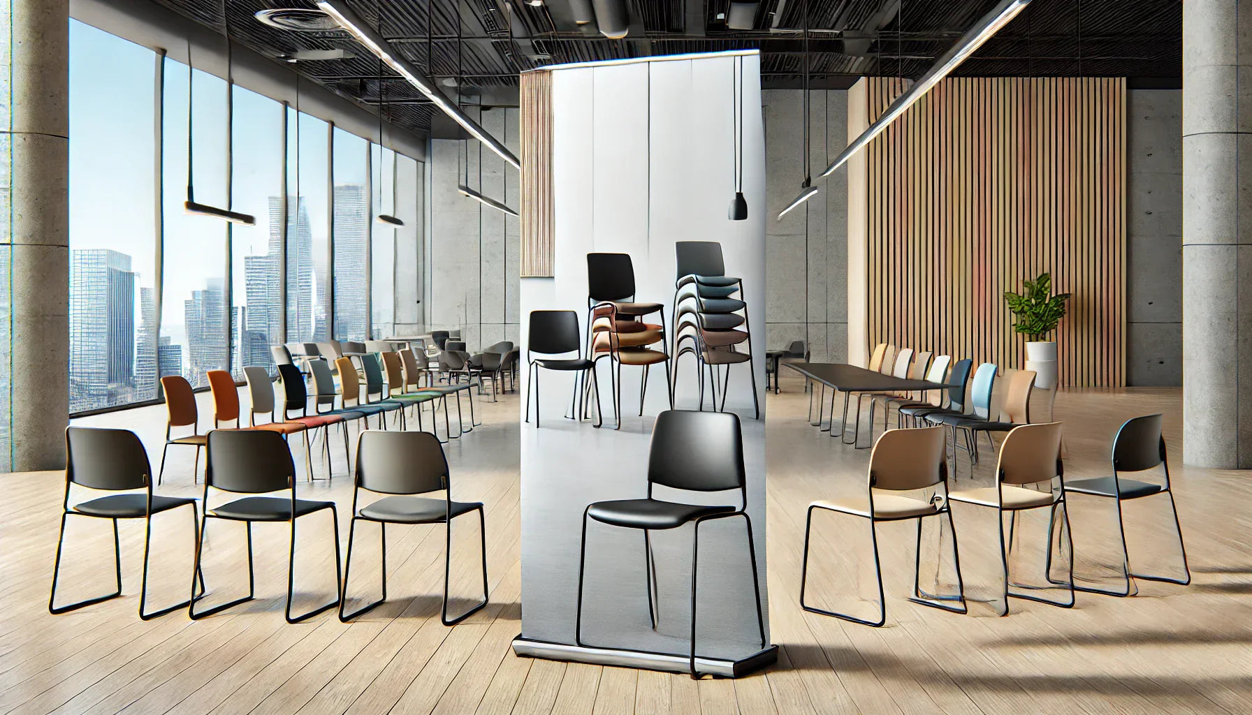 Modern stackable office chairs arranged in a circular pattern from the Stackable Office Chairs Collection.