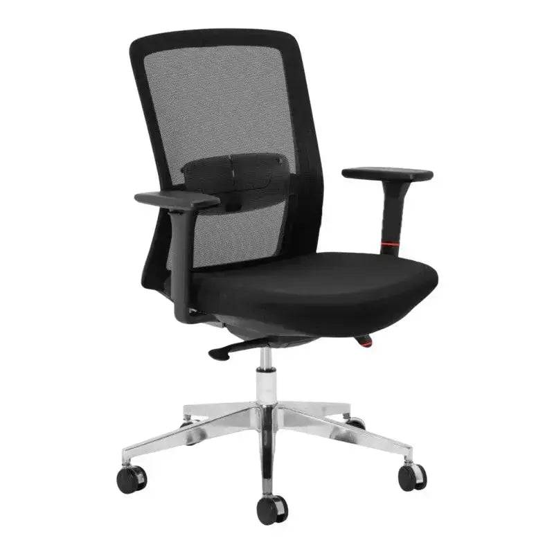 Black mesh-back Ergo Therapy Chrome Medium-Back office chair with adjustable armrests