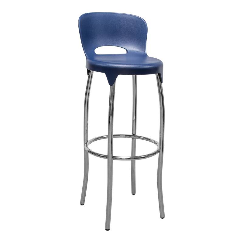 Asteroid Bar Chair featuring blue plastic seat, chrome legs, and curved backrest