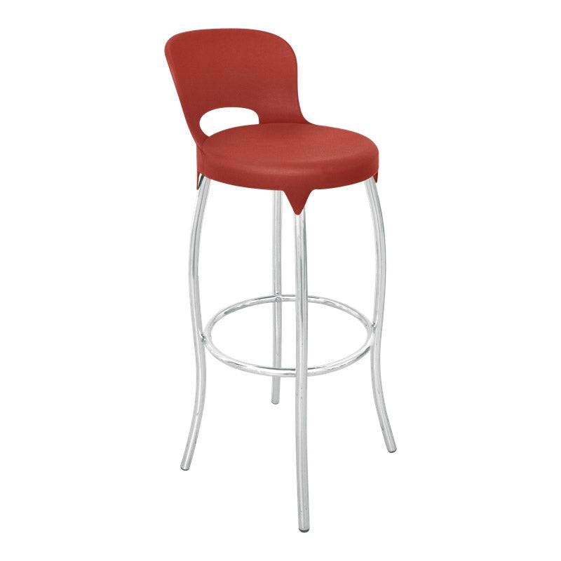 Red upholstered Asteroid Bar Chair with chrome legs and curved backrest