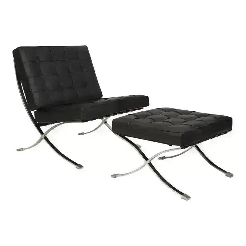 Black Leather Barcelona von der Rohe Chair and Ottoman with Chrome X-frame Bases