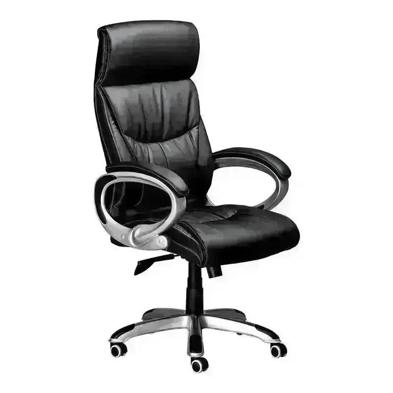 Black Leather CEO High-Back Office Chair with Silver Accents and Wheels for Executive Comfort