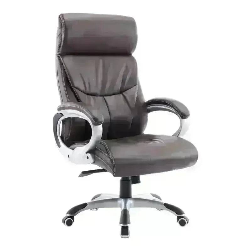 Brown Leather CEO High-Back Office Chair with Silver Accents and Armrests