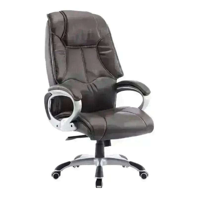 Brown leather high-back office chair with padded armrests for big guys on chrome base