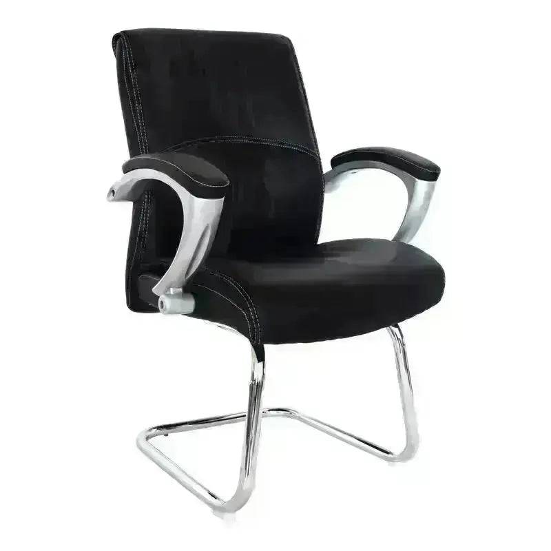 Black leather visitor office chair with chrome base and armrests for big guys visitor