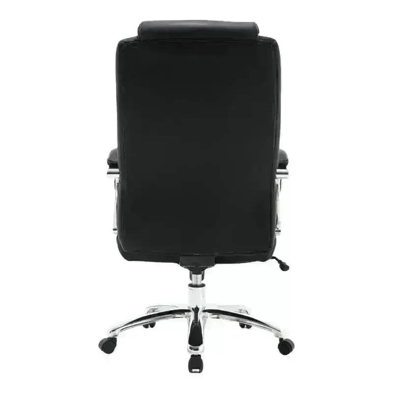 Black Leather High-Back Office Chair with Chrome Base and Wheels for Comfort and Style