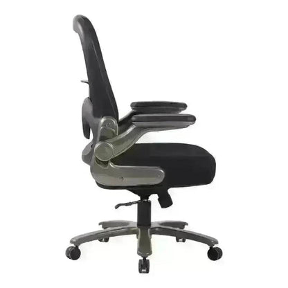 Black mesh high-back office chair with adjustable armrests and lumbar support features