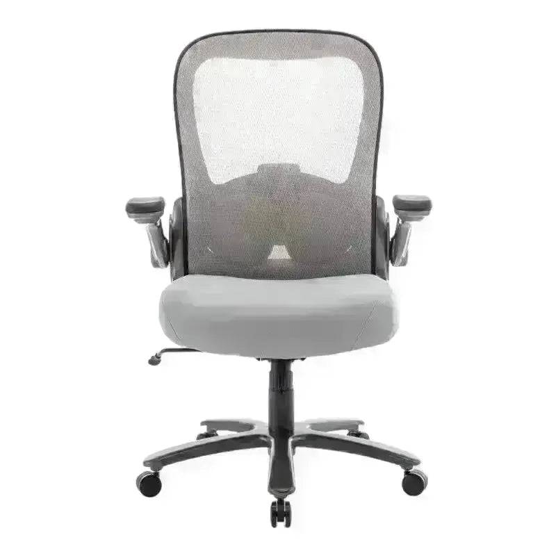 Gray mesh high-back office chair with adjustable armrests and wheels for comfort