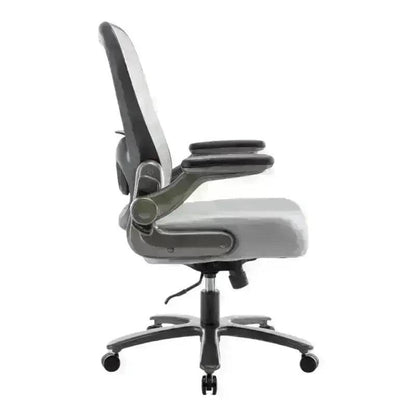 Gray high-back office chair with adjustable armrests and wheels for ergonomic support