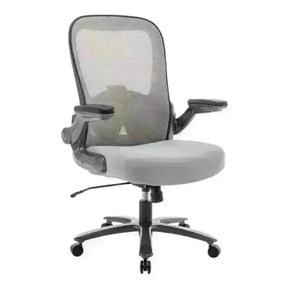 Gray mesh high-back office chair with adjustable armrests and padded seat cushion