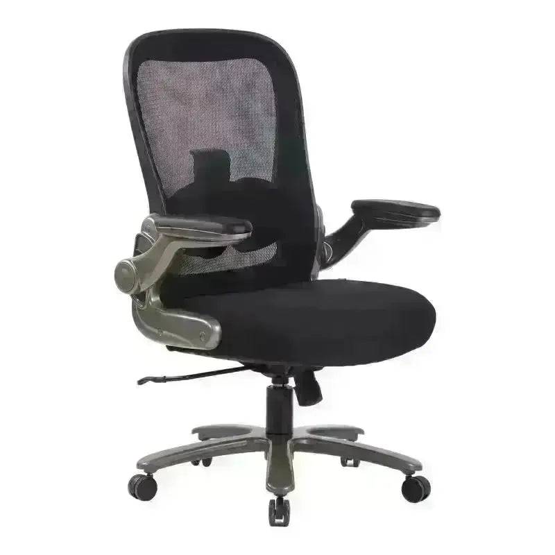 Black mesh high-back office chair with adjustable armrests and wheeled base for comfort