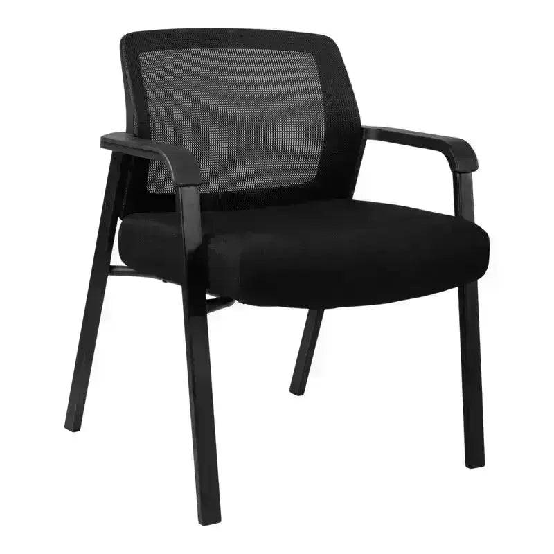 Black mesh-back office chair with armrests and padded seat for heavy duty use