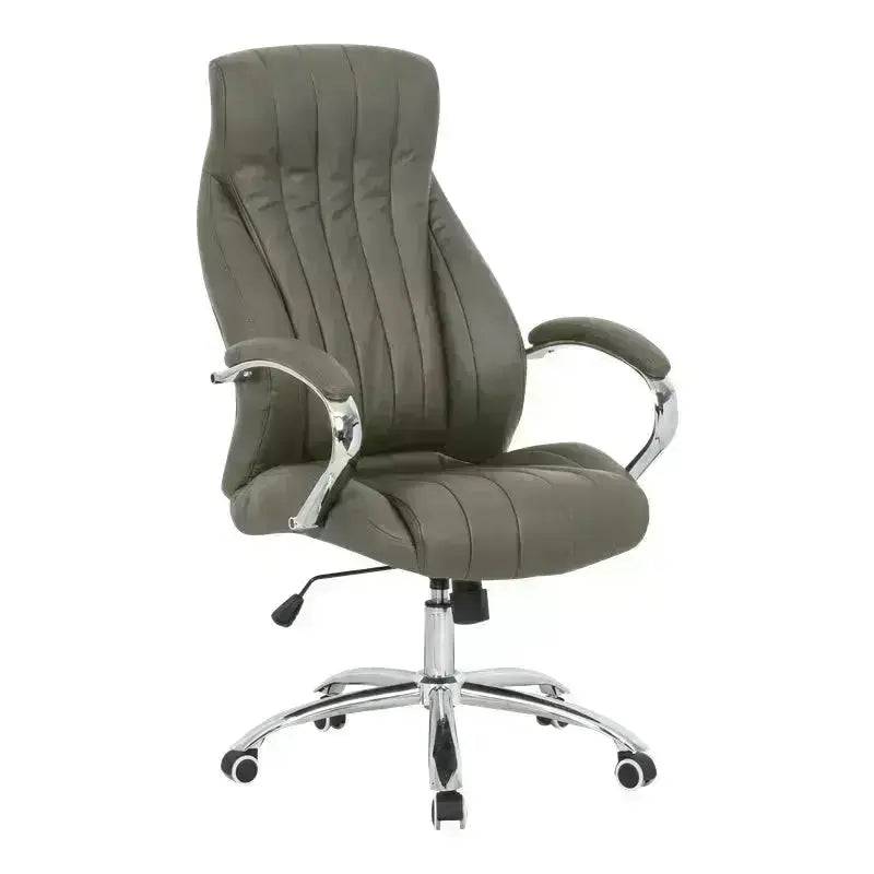 Gray leather Capri High-Back Office Chair with chrome base and padded arms, featuring vertical stitching