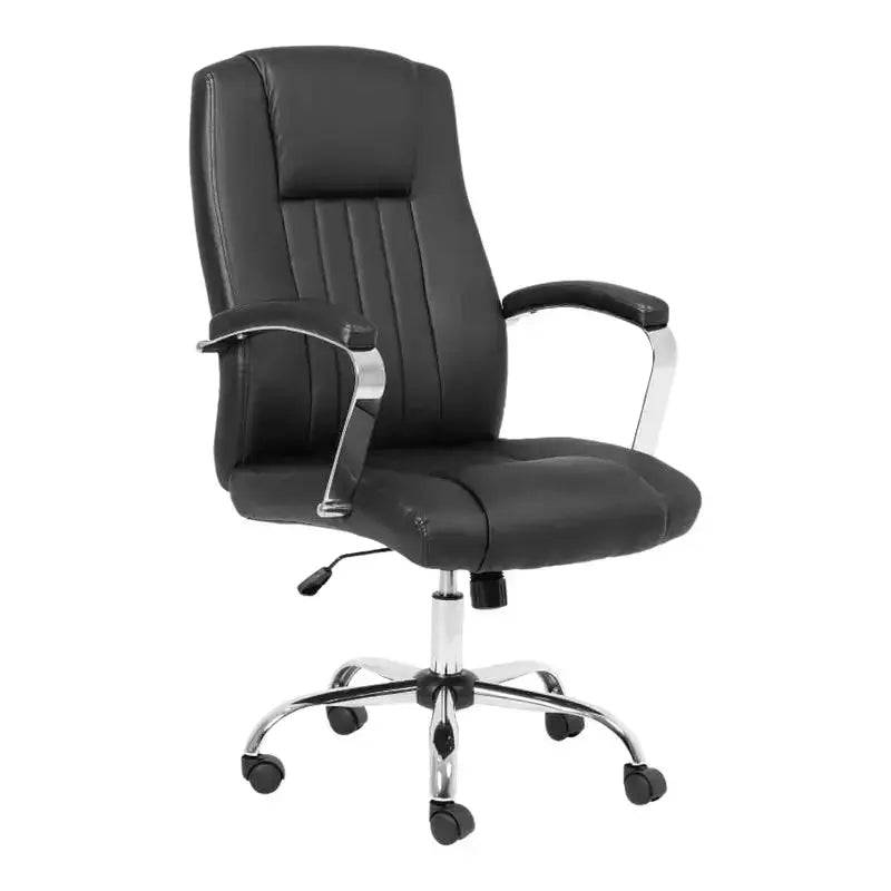 Chantie High-Back Office Chair in black bonded leather with padded armrests and chrome accents