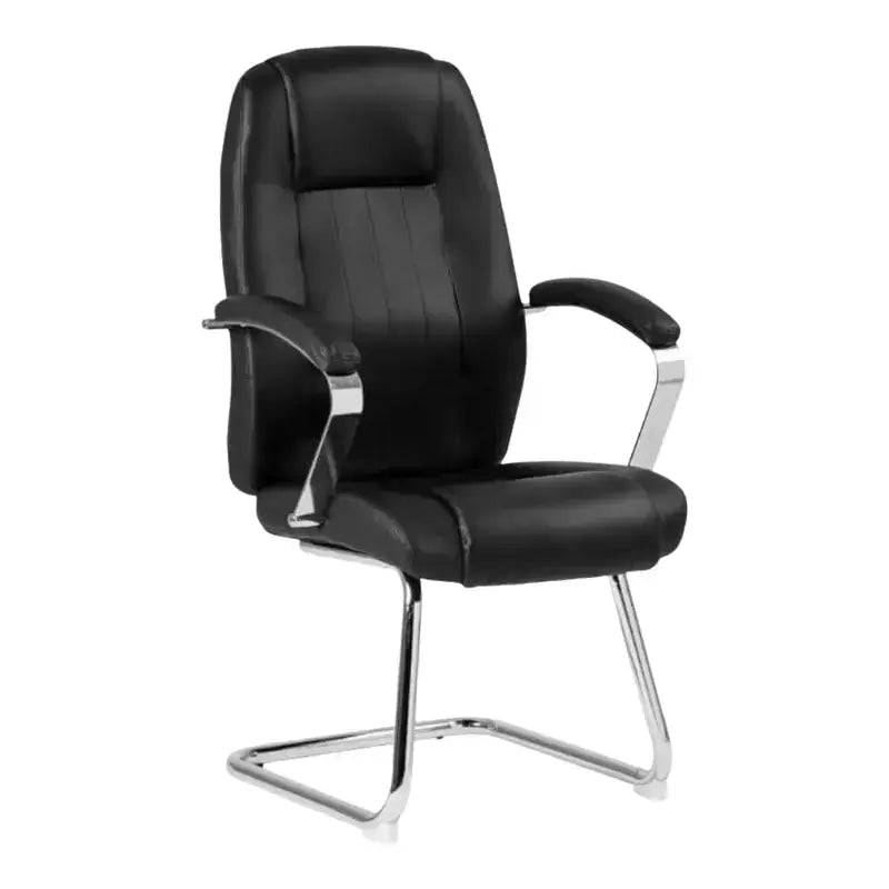 Black Bonded Leather Office Chair with Chrome Sleigh Base and armrests for comfort