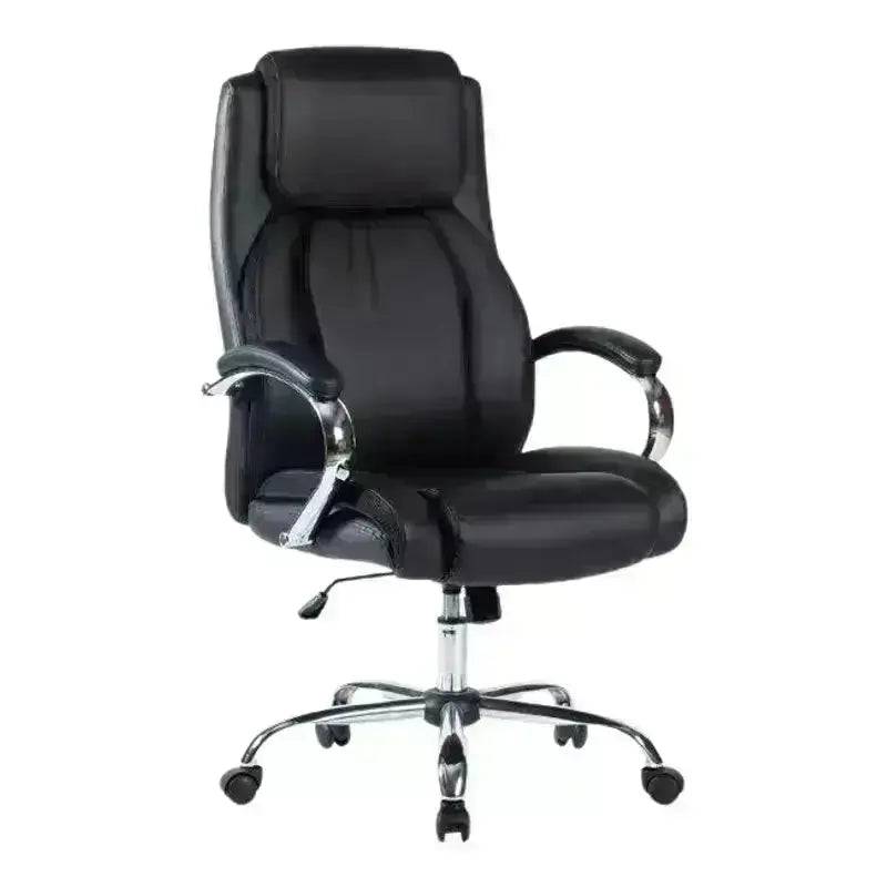 Black leather executive high-back office chair with chrome accents and armrests