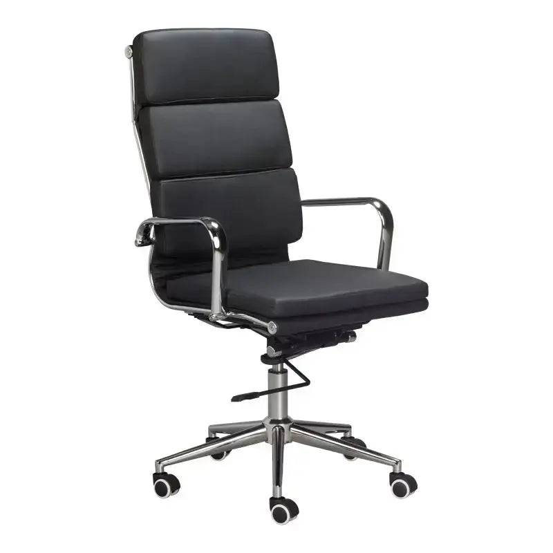 Black leather Eames Cushion High-Back Office Chair with chrome armrests and wheels