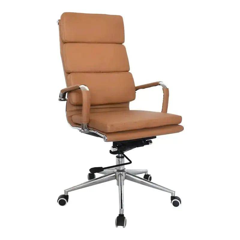 Brown Leather Executive Office Chair with Chrome Base - Classic Eames Cushion High-Back