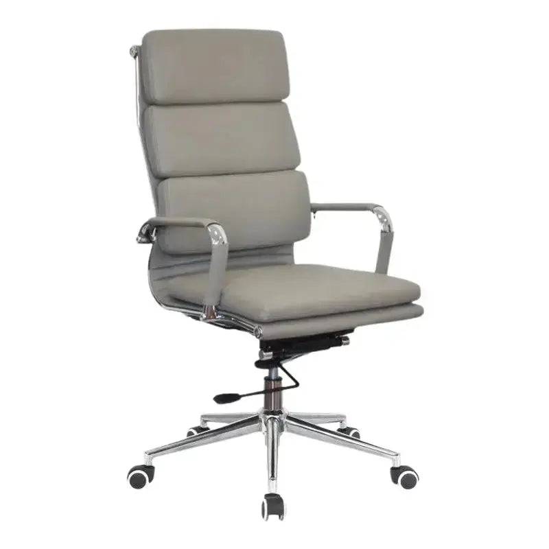 Modern grey Eames Cushion High-Back Office Chair with chrome armrests and five-wheel base