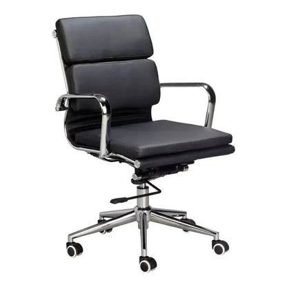 Black Leather Eames Cushion Medium-Back Office Chair with chrome armrests and wheels