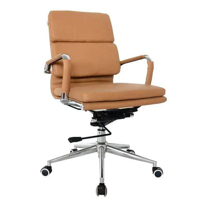 Tan leather Eames Cushion Medium-Back Office Chair with chrome base and wheels