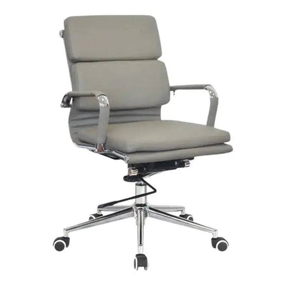 Modern gray office chair with chrome base and padded armrests, Eames Cushion Medium-Back