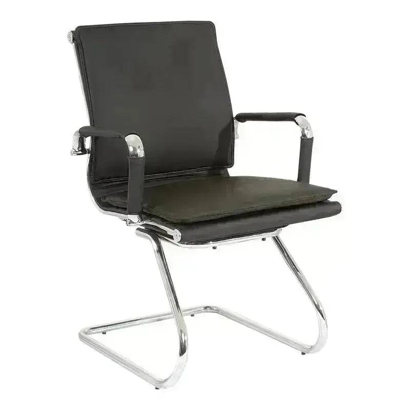 Black Leather Eames Cushion Visitor Office Chair with chrome cantilever base and removable arm sleeves