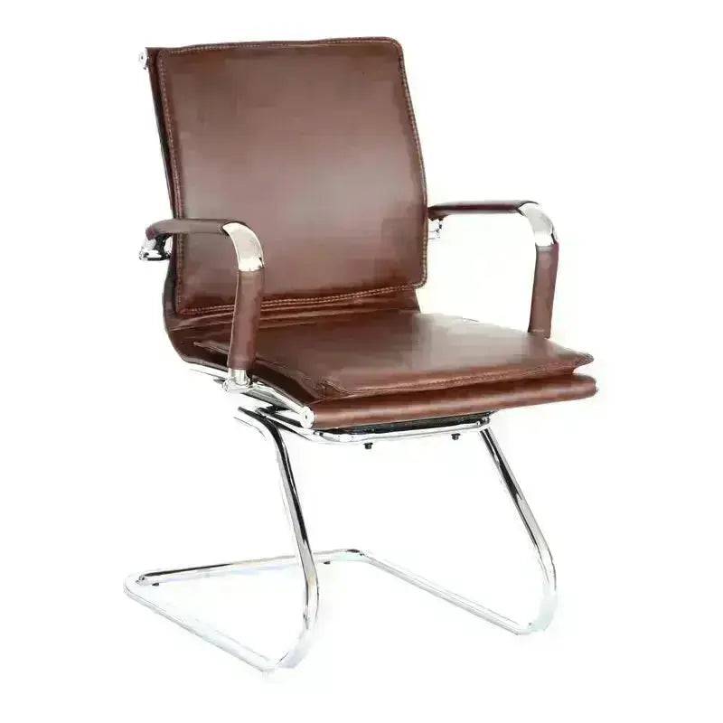 Brown Leather Eames Cushion Visitor Office Chair with chrome base and removable arm sleeves