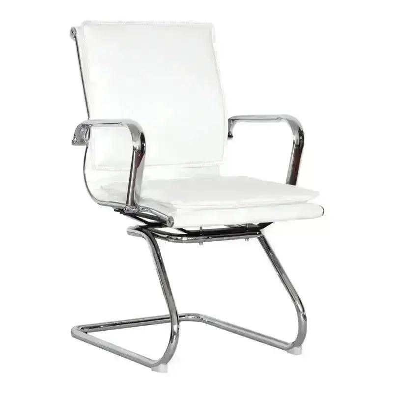 Modern white leather office chair with chrome base, featuring classic Eames cushion design