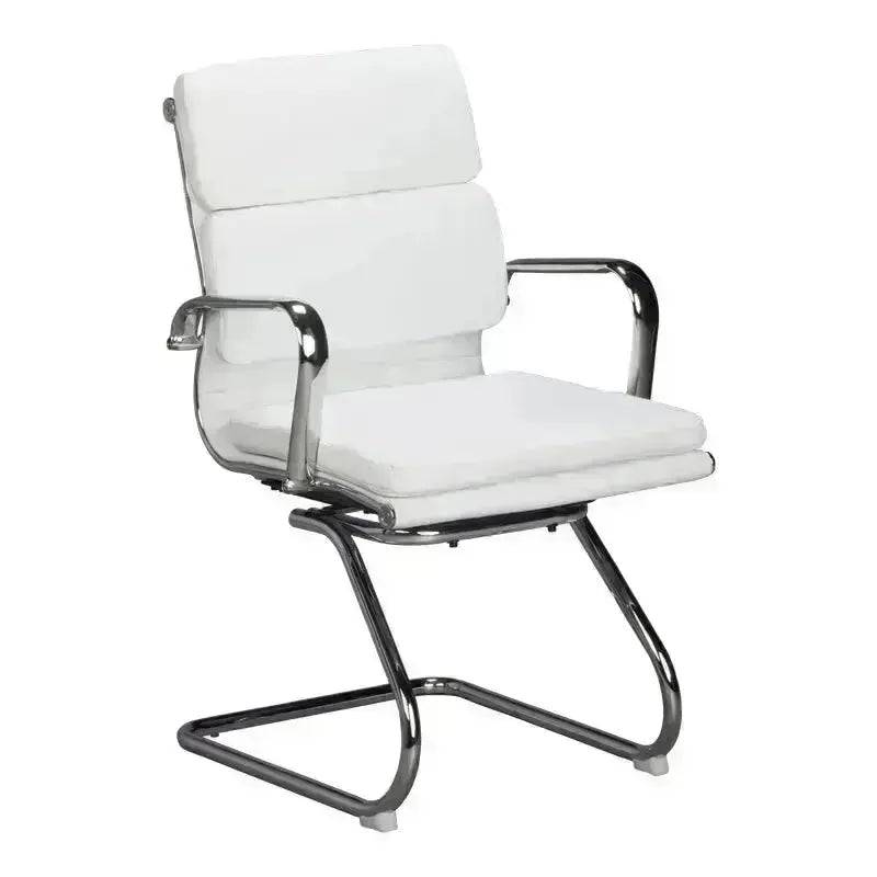 White padded office chair with chrome base, part of Black Leather Eames Cushion Visitor Office Chair