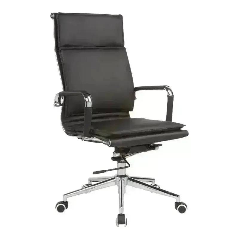 Black leather Eames Flat Cushion High-Back Office Chair with chrome base and armrests