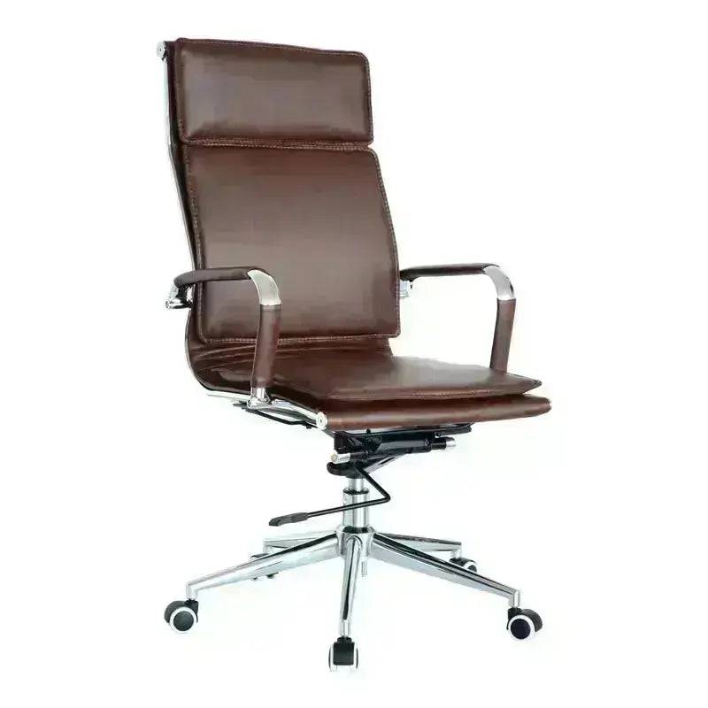 Brown leather Eames Flat Cushion High-Back office chair with chrome frame and wheels