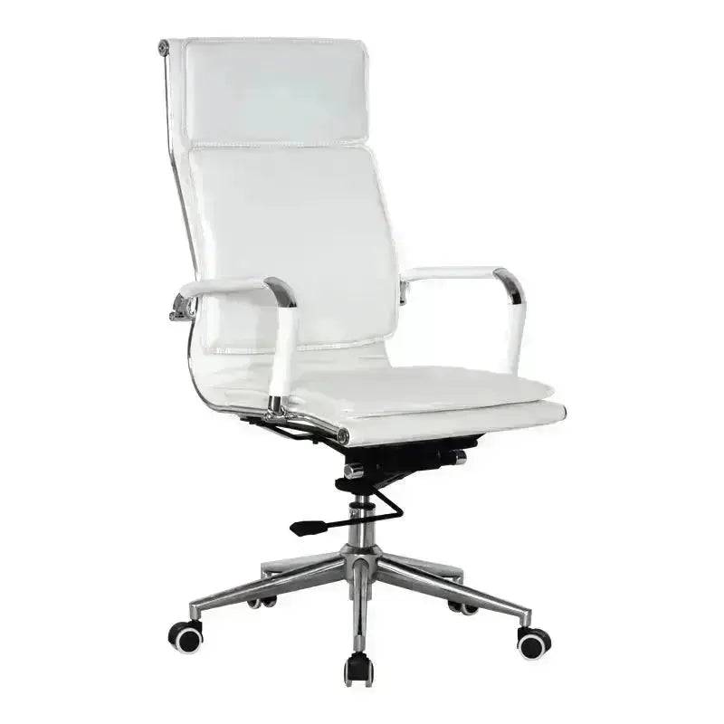 White leather Eames Flat Cushion High-Back office chair with chrome base and armrests