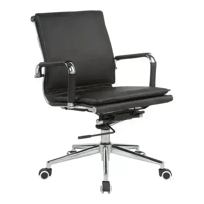 Black leather Eames Flat Cushion Medium-Back Office Chair with chrome base and wheels