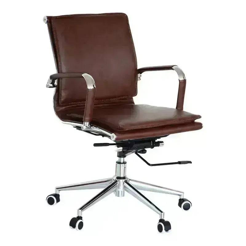 Brown Leather Classic Eames Flat Cushion Medium-Back Office Chair with Chrome Arms and Wheels