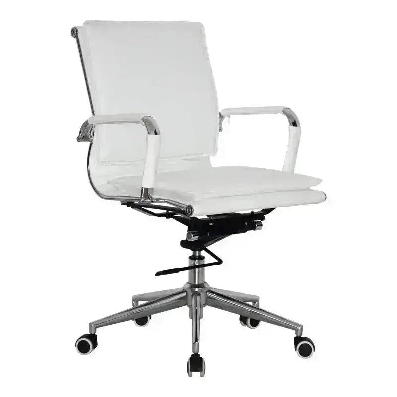 White leather Eames Flat Cushion Medium-Back Office Chair with chrome base and wheels