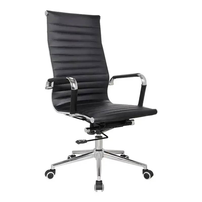 Modern Black Leather High-Back Office Chair with Chrome Base in Eames Genuine Leather Design