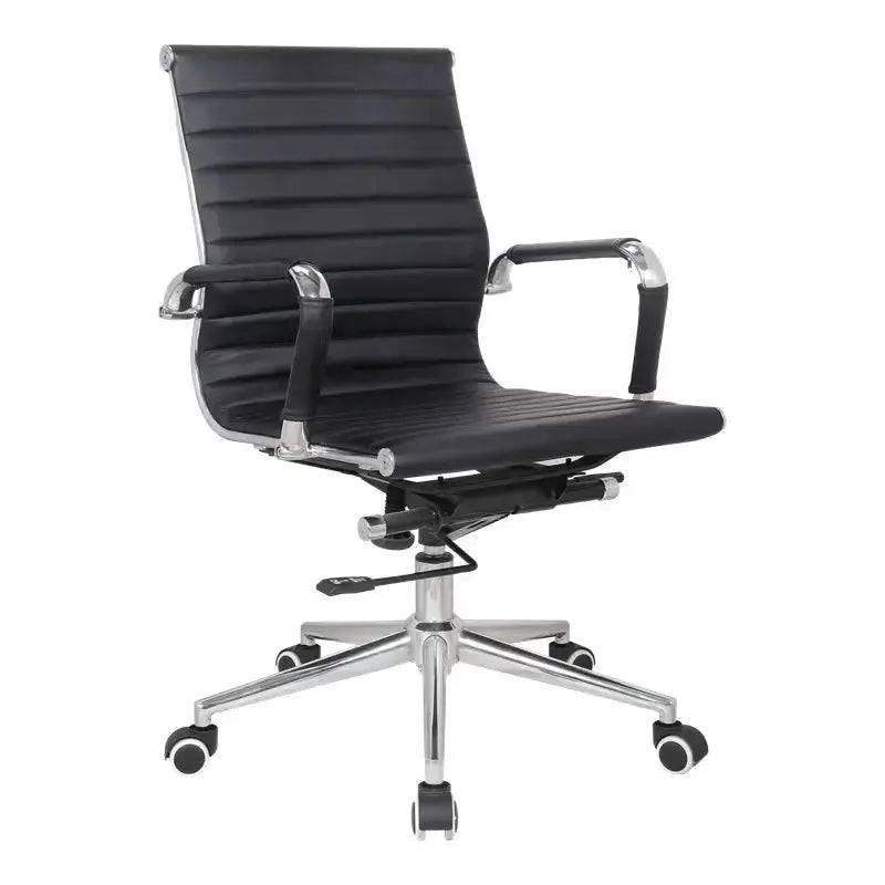 Modern Black Eames Genuine Leather Office Chair with Chrome Base and Armrests on Wheels