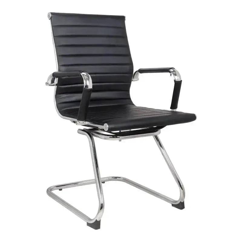 Modern black Eames Genuine Leather Office Chair with chrome base and ribbed upholstery